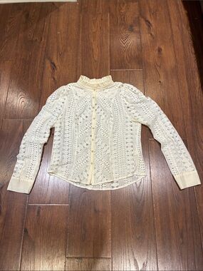 Anthropologie Cream Crochet Ruffle-Neck Button Blouse